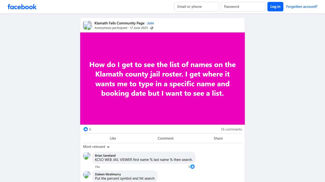 Klamath Falls Community Page | How do I get to see the list of names on the Klamath county jail roster | Facebook