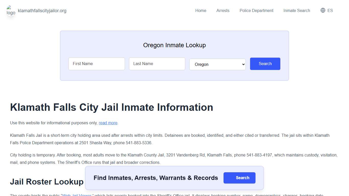 Klamath Falls Jail, OR Inmate Roster, Municipal Jail Info